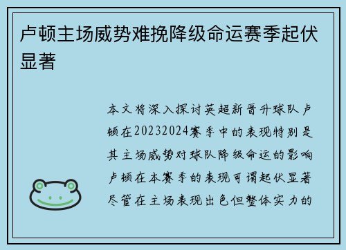 卢顿主场威势难挽降级命运赛季起伏显著