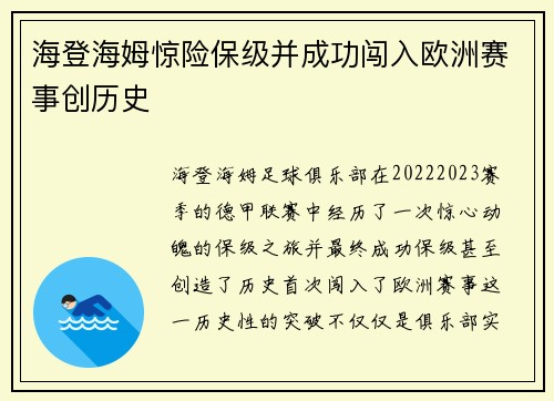 海登海姆惊险保级并成功闯入欧洲赛事创历史