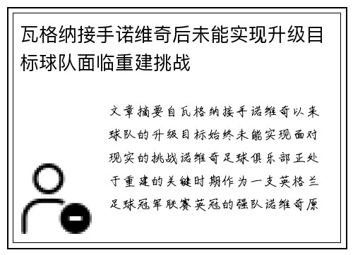 瓦格纳接手诺维奇后未能实现升级目标球队面临重建挑战