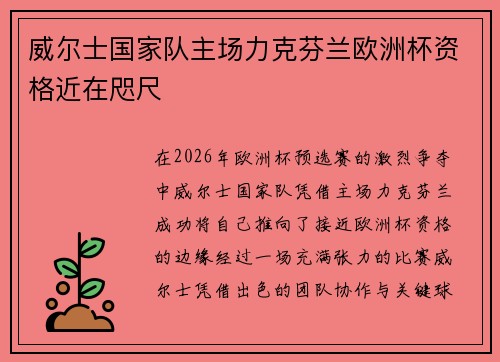 威尔士国家队主场力克芬兰欧洲杯资格近在咫尺 威尔士国家队主场力克芬兰欧洲杯资格近在咫尺