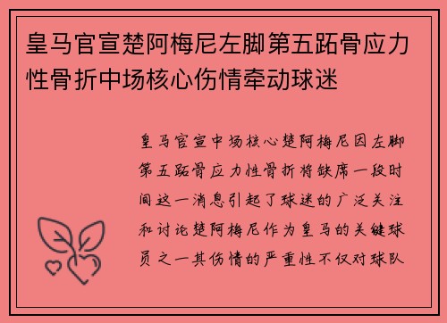 皇马官宣楚阿梅尼左脚第五跖骨应力性骨折中场核心伤情牵动球迷 皇马官宣楚阿梅尼左脚第五跖骨应力性骨折中场核心伤情牵动球迷
